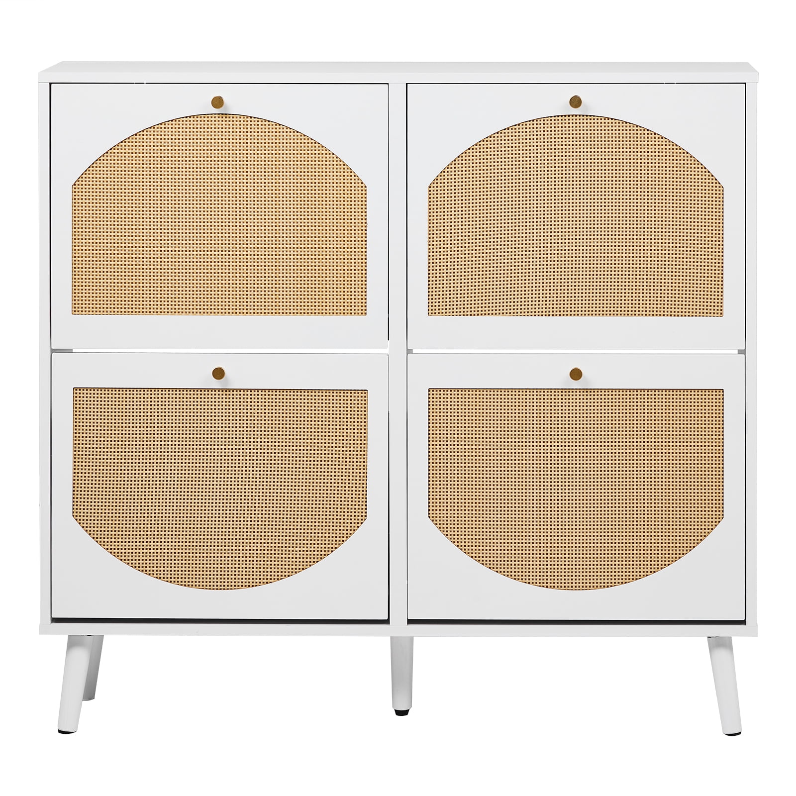 2-Tier Flip-Top Shoe Cabinet Arched Rattan Fronts 4 Compartments White Particle Board Tall Legs Entryway Shoe Organizer for Hallway Porch Bedroom Farmhouse