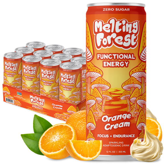 Melting Forest Mushroom Sparkling Water, Orange Cream Energy Drink, Flavored Water, Mushroom-Infused Seltzer, 5 Calories & Zero Sugar - 12 Pack