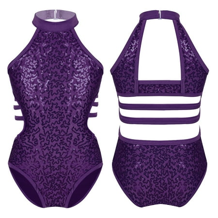 

inhzoy Kids Girls Halter-neck Sequins Ballet Dance Sports Leotard Bodysuit
