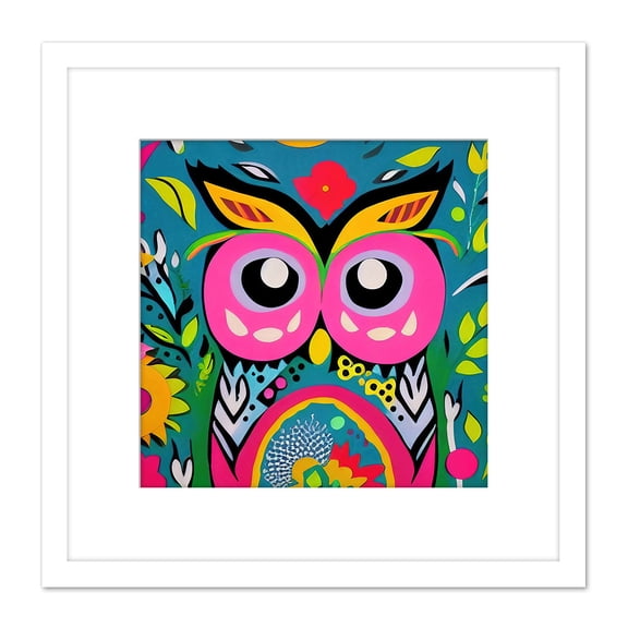Funky Abstract Owl Vibrant Colourful Patterns Flowers Pink Yellow Illustration Square Wooden Framed Wall Art Print Picture 8X8 Inch