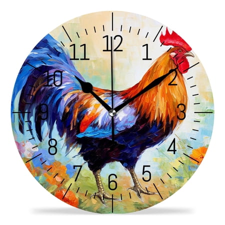 erolrail Rustic Wall Clock,Silent Non Ticking Wall Clocks for Living Room,Bedroom,Kitchen 12IN Colorful Rooster Lovely Art
