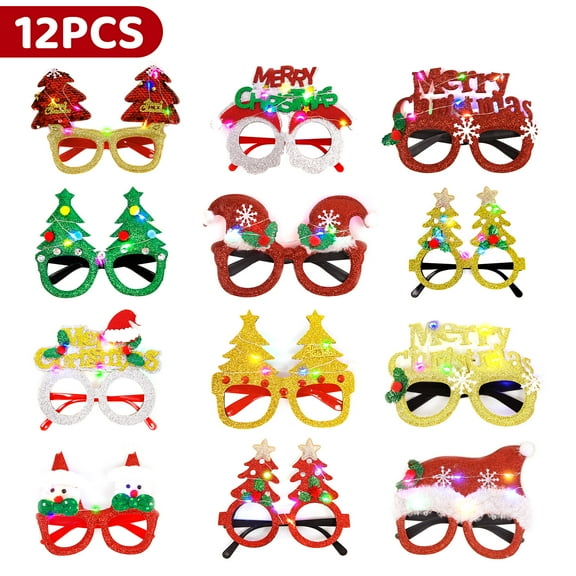 Amaopus 12 Pcs Christmas Party Glasses, Christmas Light Up Glasses Glitter, Holiday Party Glasses Frames, Christmas Decoration Accessories Costume Eyeglasses for Christmas Parties Holiday Favors