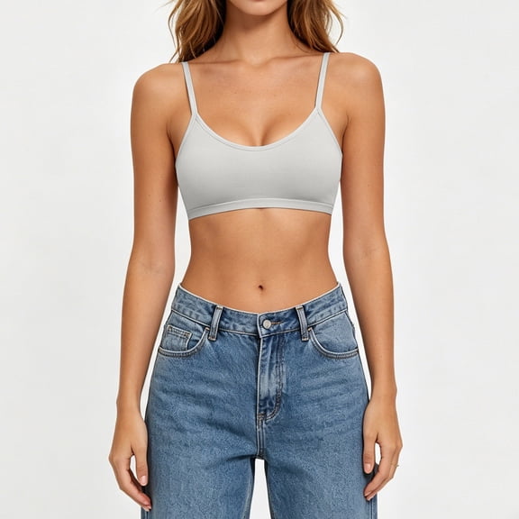 BRGZLK Womens Cotton Bras Wireless 2026 Solid Color Spaghetti Strap Seamless Comfortable Cami Bra for Everyday Gray A L