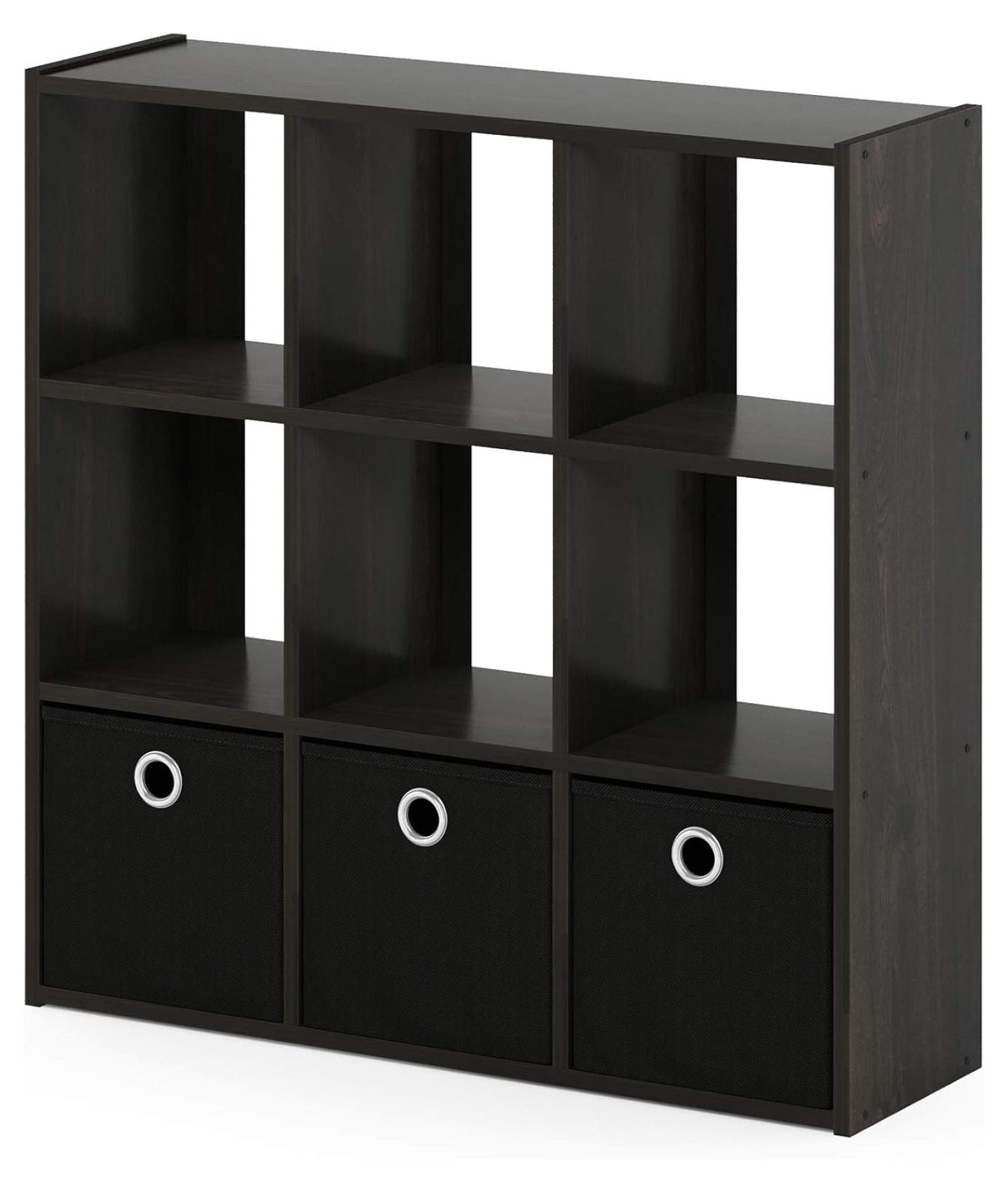 SONGMY Simplistic 9-Cube Organizer with Bins, Small Size (Assembled unit dimensions : 7.9"D x 26.5"W x 26.7"H inches), Espresso/Black