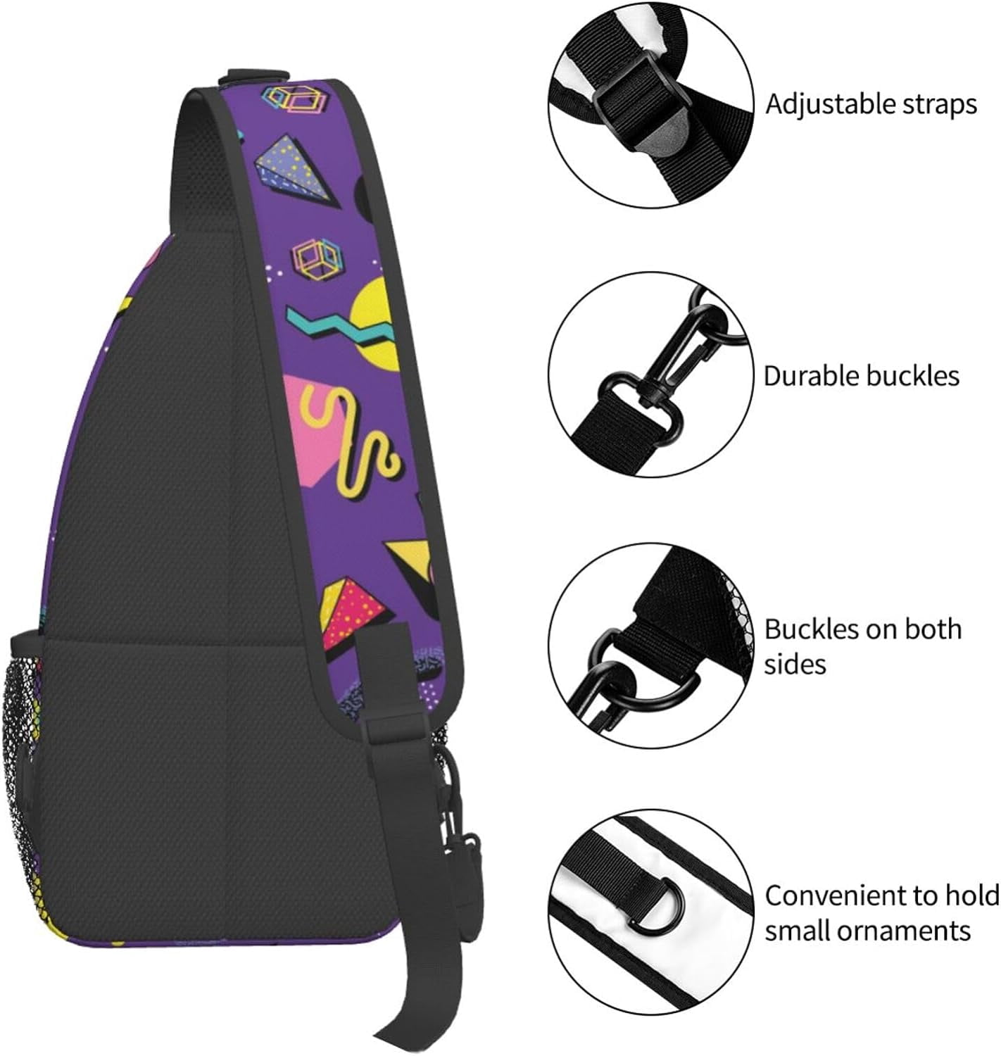 Purple 80s 90s Style Pattern Sling Bag Crossbody Hiking Travel Chest Bags Backpack Shoulder Daypack for Women Men