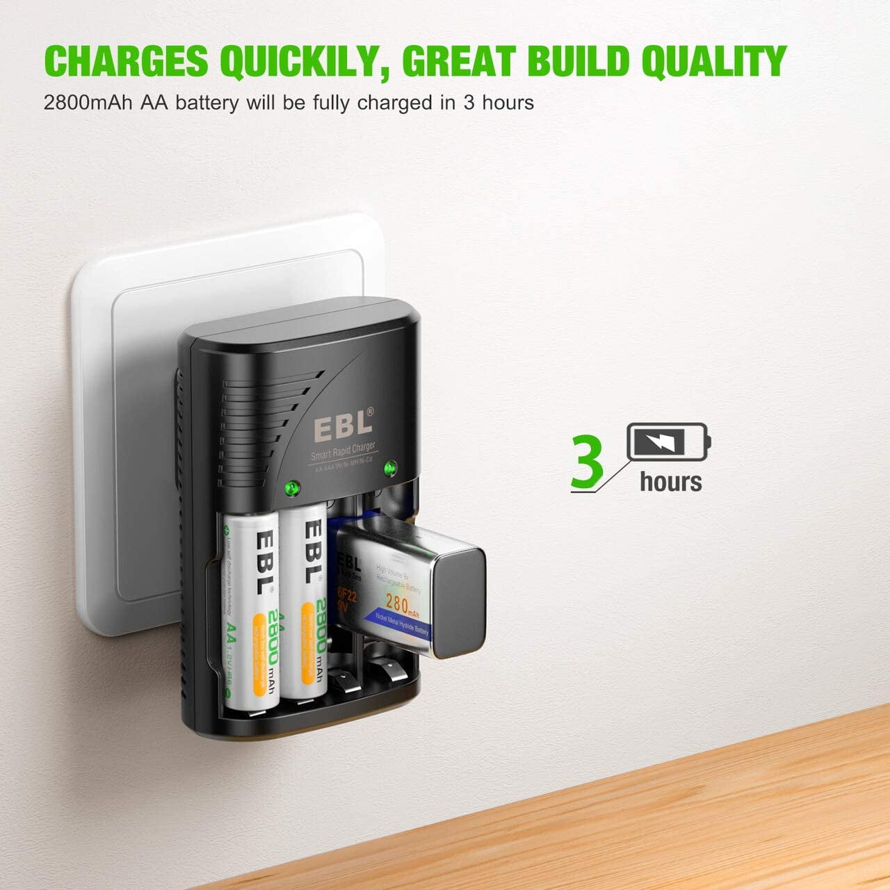 EBL Rechargeable AA Batteries 2300mAh (8 Pack) with Charger, Built-in Foldable Wall Plug, Automatic Power-Off Smart Battery Charger for AA AAA (NiMH) 9V Batteries