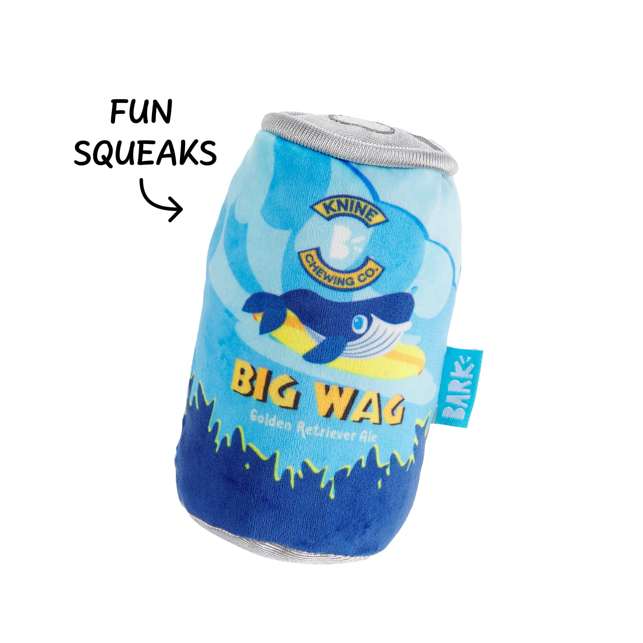 BARK Surf Beer Can Plush Blue, Yellow, and Silver Dog Toy All