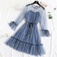 thumbnail image 1 of 2022 Women Blue StripedLong Sleeve neck Basic Dresses Button Split Pleated DressXXS Gao Jinjia LED, 1 of 2