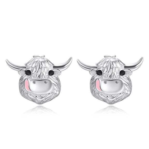 TANGPOET Highland Cow Earrings 925 Sterling Silver Cute Animal Stud Earrings Highland Cow Gifts for Women(White Gold)