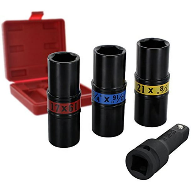 Drixet 1/2” Drive Lug Nut Impact Flip Socket Set with Case Universal 4Piece CrMo 6Point