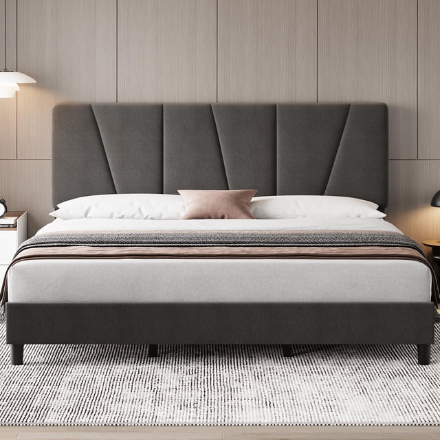 Bingirl King-Size Dark Gray Bed Frame with Headboard, Adjustable Linen Upholstered Platform Bed Frame with Wooden Slat Support - No Box Spring Needed