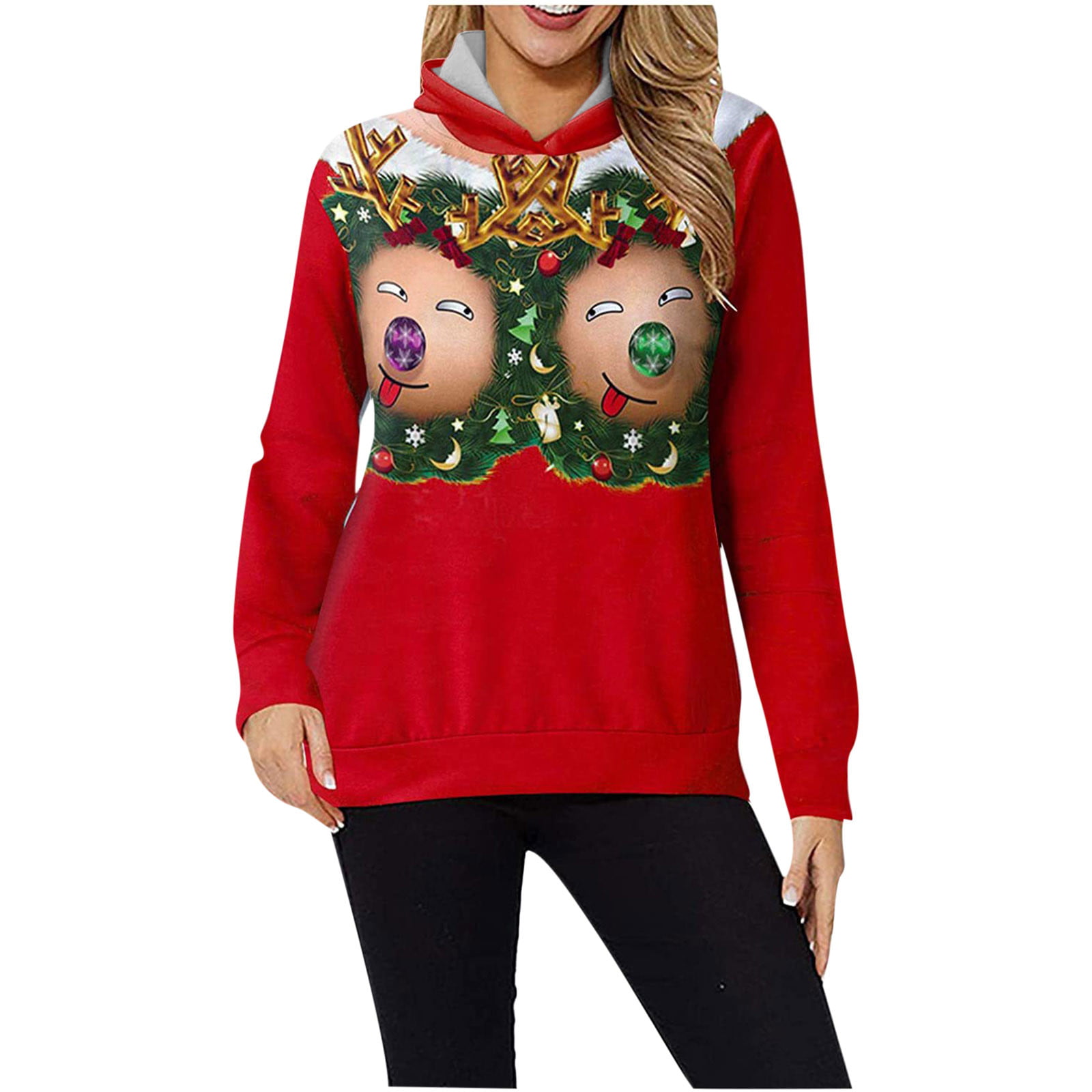 Women Christmas Print Sweatshirts Casual Long Sleeve Pullover Blouse Teen Girls Hooded Sweater Tops 