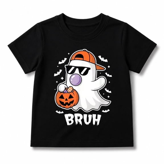 Boys Halloween Shirt with Bruh Sunglasses Ghost and Pumpkin Bucket Graphic, Short Sleeve