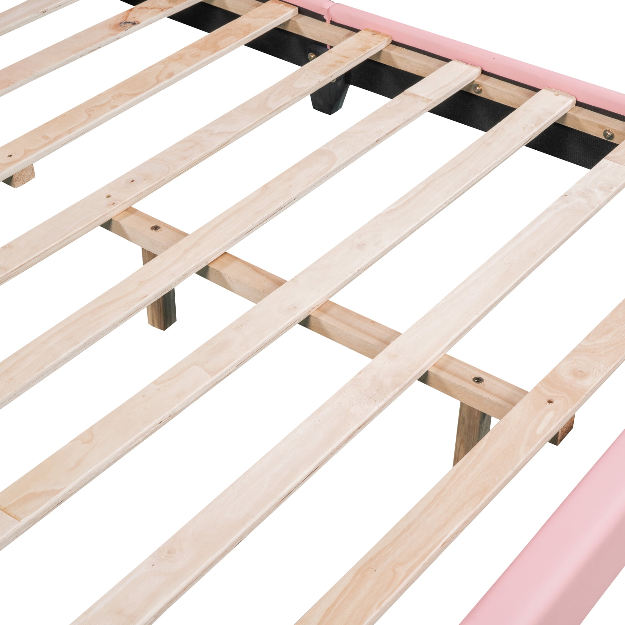 Aukfa Upholstered Platform Bed with Bunny Ears Headboard for Kids, Faux Leather Full Bed Frame - Pink