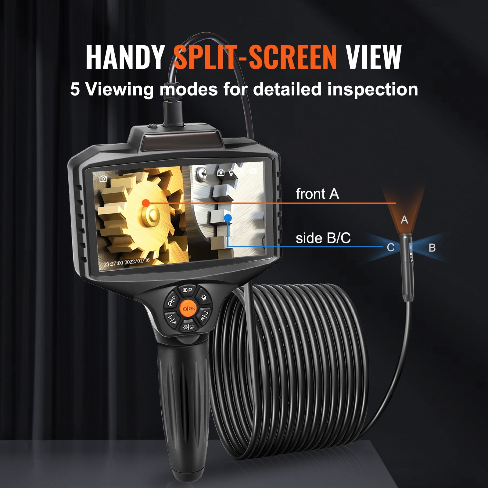 VEVOR Triple Lens Industrial Endoscope 16.4ft, 5" IPS Borescope Inspection Camera with 10 Lights, 1080P Sewer Camera and 5 View Modes , IP67 Flexible Scope Camera Snake Cable and 32GB TF Card