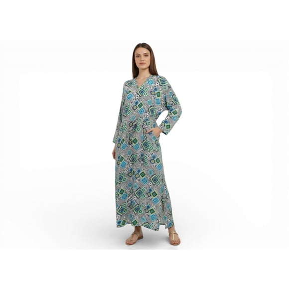 Chemin de Moda Robe d'Été à Imprimé pour Femme à Manches Longues, Col en V, Coupe Ample, Longueur Cheville, avec Poches