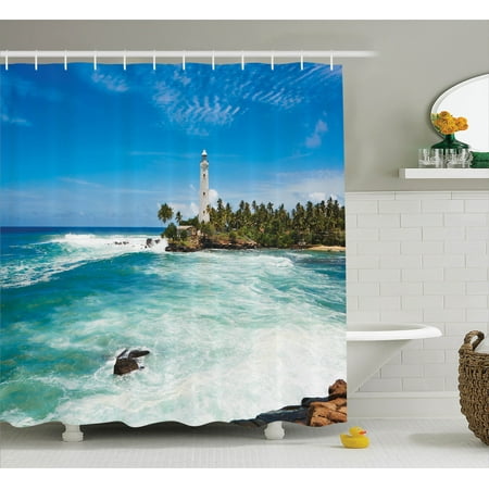 Seaside Rocks - Lighthouse Decor Shower Curtain Set, Tropical Island Lighthouse With Palm Trees Rocks Wavy Seaside Beach Ocean, Bathroom Accessories, 69W X 70L Inches, By Ambesonne