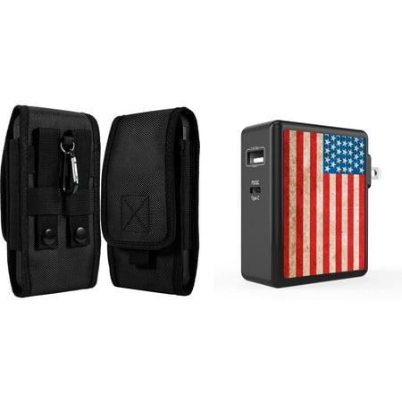 

Holster and Wall Charger Bundle for Samsung Galaxy A13 4G: Vertical Rugged Nylon Belt Pouch Case (Black) and 45W Dual USB Port PD Type-C and USB-A Power Adapter (Vintage American Flag)