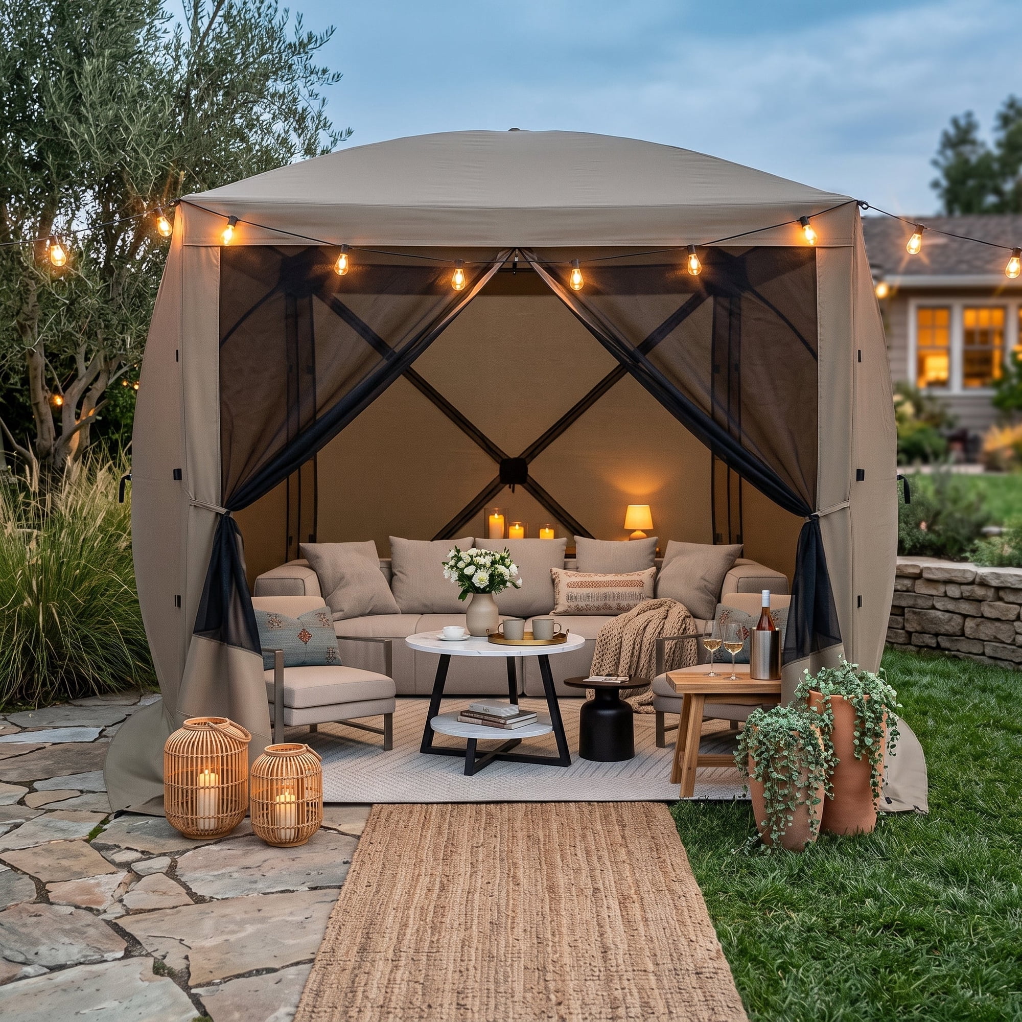 SANOPY 6.5 x6.5 Pop Up Gazebo Screen House Canopy Tent with Mosquito Netting & 3 Sidewalls Waterproof UV Dome Roof Patio Camping Shelter Khaki