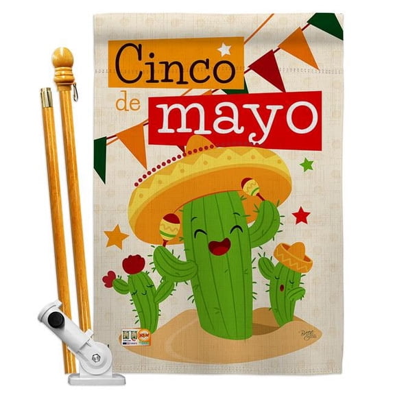 Breeze Decor BD-SW-HS-115127-IP-BO-D-US18-BD 28 x 40 in. Vertical Cactus Fiesta Cinco De Mayo Country & Primitive Southwest Impressions Decorative Double Sided House Flag Set with Pole & Bracket Hardw