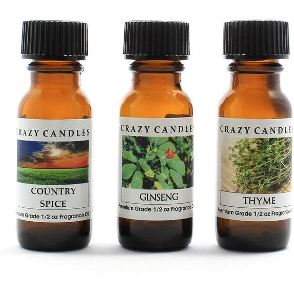 Crazy Candles 3 Bottle Set: 1 Country Spice, 1 Ginseng, 1 Thyme 1/2 Fl Oz Each (15ml) Premium Grade Scented Fragrance Oil