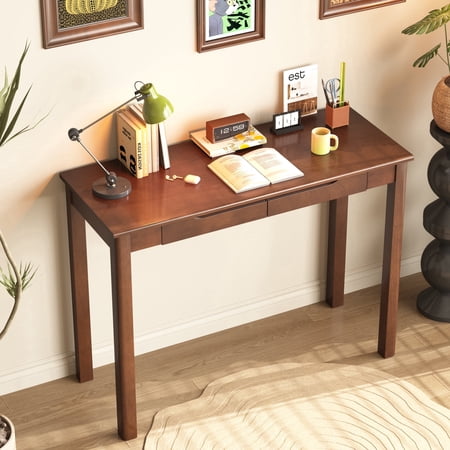 BESKADI 100% Solid Wooden Desk with Drawers - 39 x 16 Inch Mid Century Narrow Desk, Vintage Writing Desks with Drawers, Simple Work Study Table, Small Desks for Small Spaces, Walnut Color
