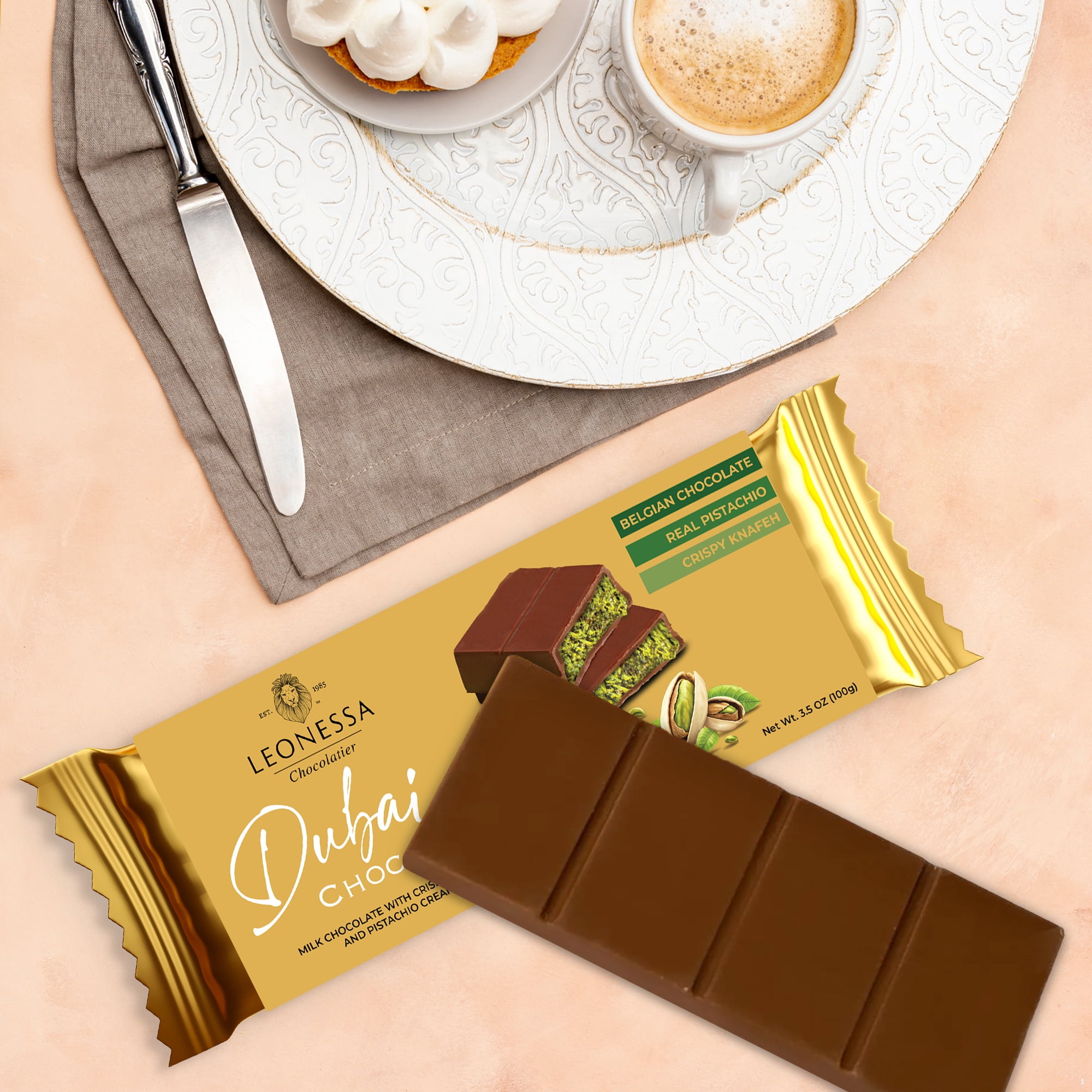 Leonessa Dubai Chocolate Bar with Pistachio Kunafa, Made with Belgian Chocolates, 3.5 oz 2-Pack