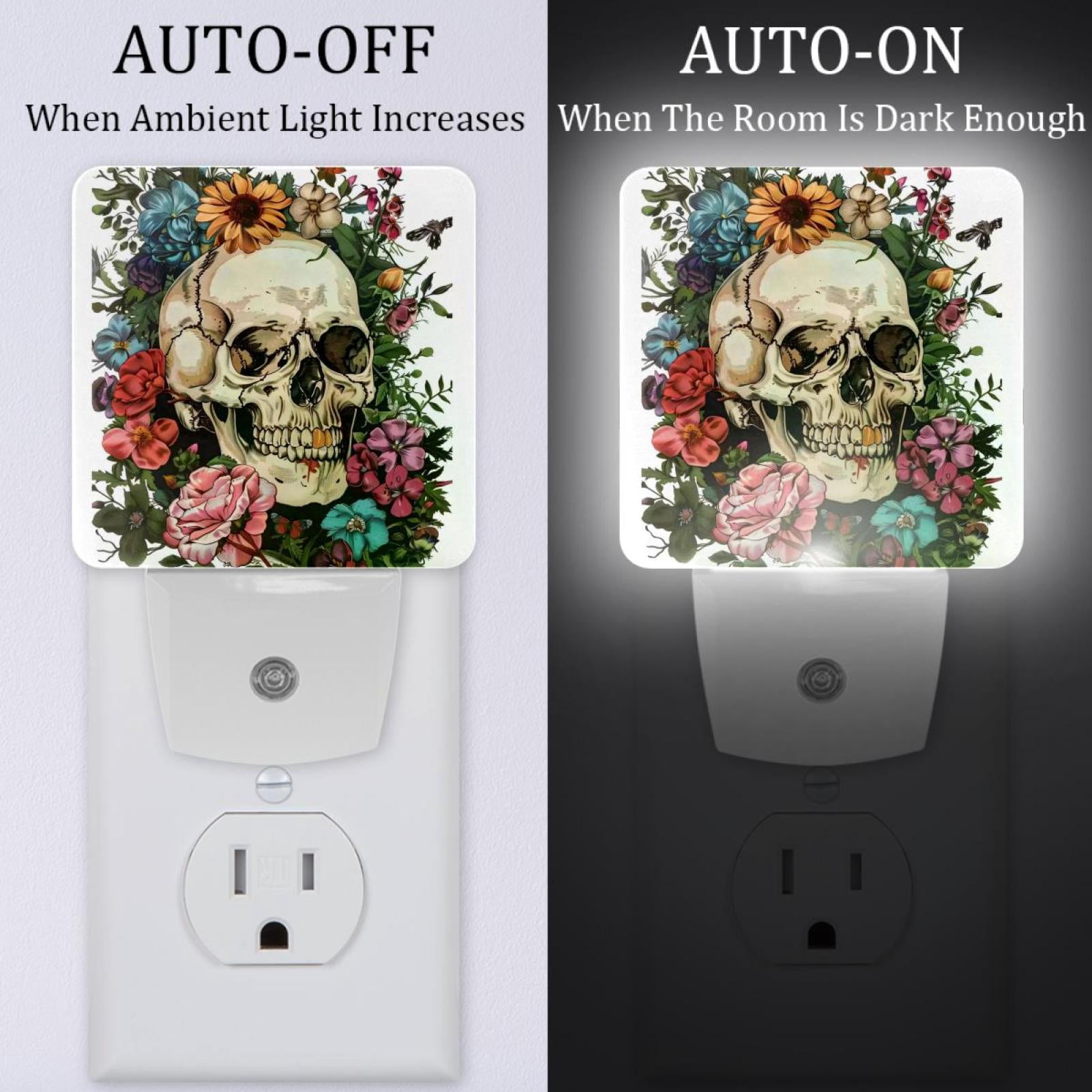 PhooArto Vintage Sugar Skull Flowers Plug in LED Night Light Auto Sensor Dusk to Dawn Decorative Night for Bedroom, Bathroom, Kitchen, Hallway, Stairs, Baby's Room, Energy Saving