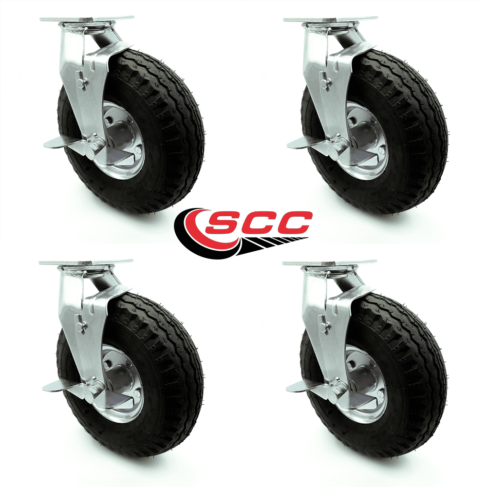 10" Pneumatic Swivel Caster w/Top Lock Brakes Set of 4 Black Rubber