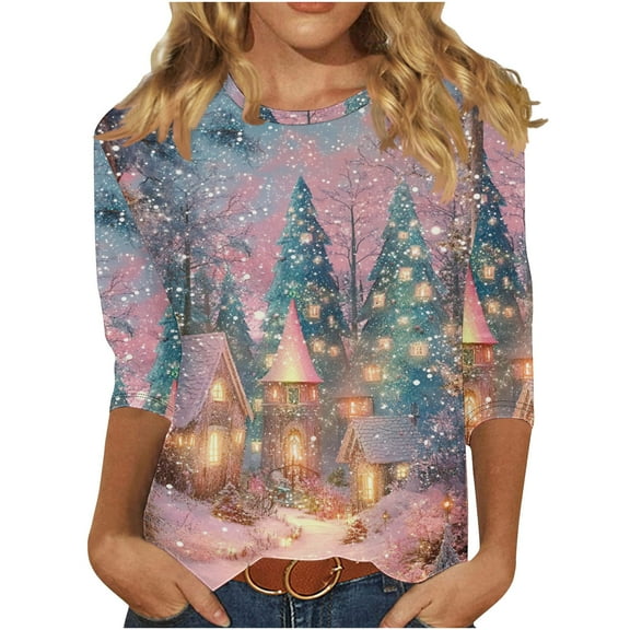 asdoklhq Christmas Women Sweaters Women Shiny Colorful Christmas Print Three Quarter Sleeve 3/4 Round Neck Top Short Sleeved Round Neck Top/shirt Multicolor 4X