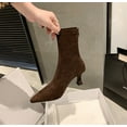 thumbnail image 3 of Womens Brown Suede Fall Boots with Zip, Ankle, Mid Calf, Pointed Toe, Kitten Heel, Dressy, Short Boots, 3 of 13