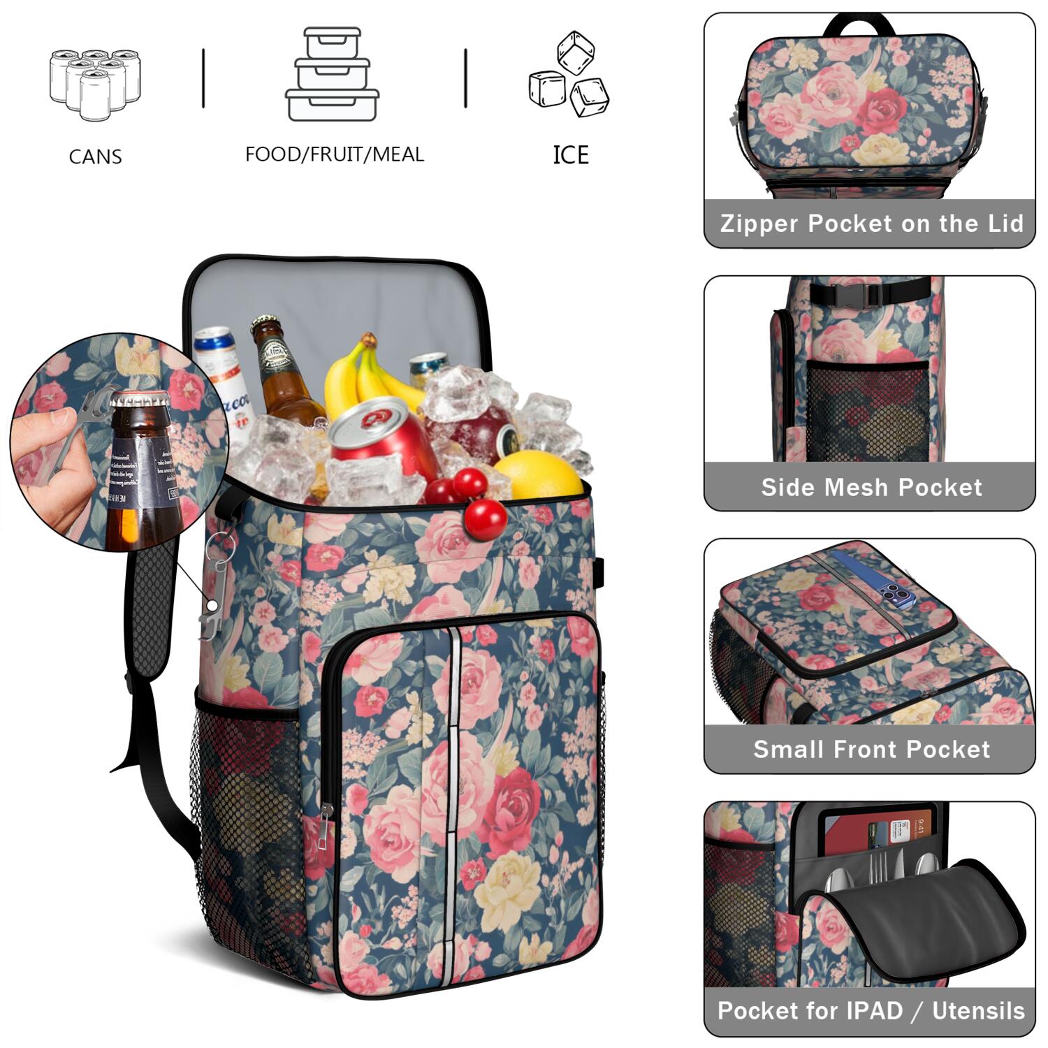 Travel Cooler Bag - Pioneer Flower Camping Beer Cooler Backpack with Bottle Opener- Waterproof Insulated Picnic Backpacks - Cooler Bag for Beach