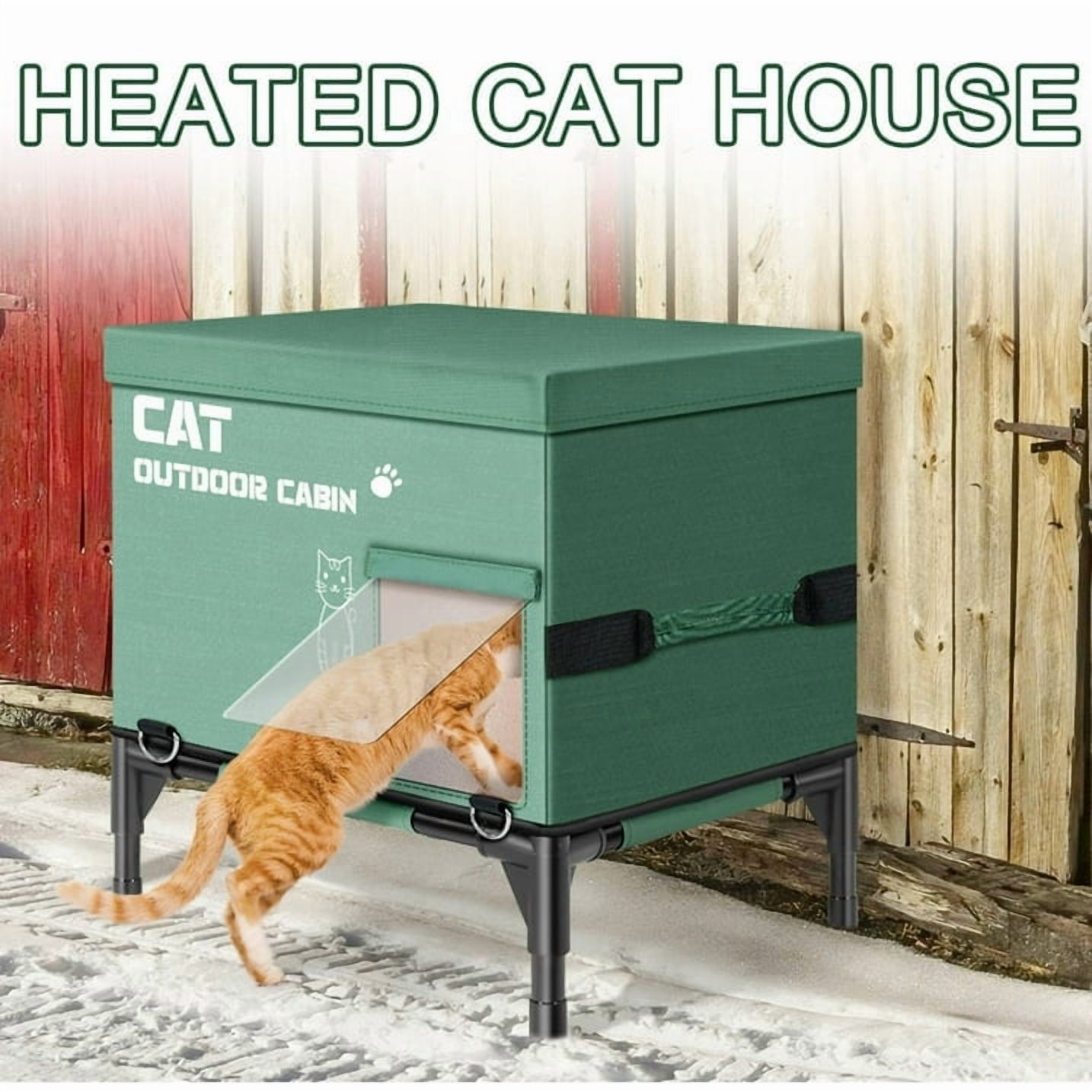 Warm Heated Cat House for Outside Feral Barn Cats in Winter, Outdoor Cat House Weatherproof with Heating Pad, Insulated Shelter for Outside Stray Barn Cat Kitty w/ 2 Safe Escape Doors, 21"Lx16"Wx19"H