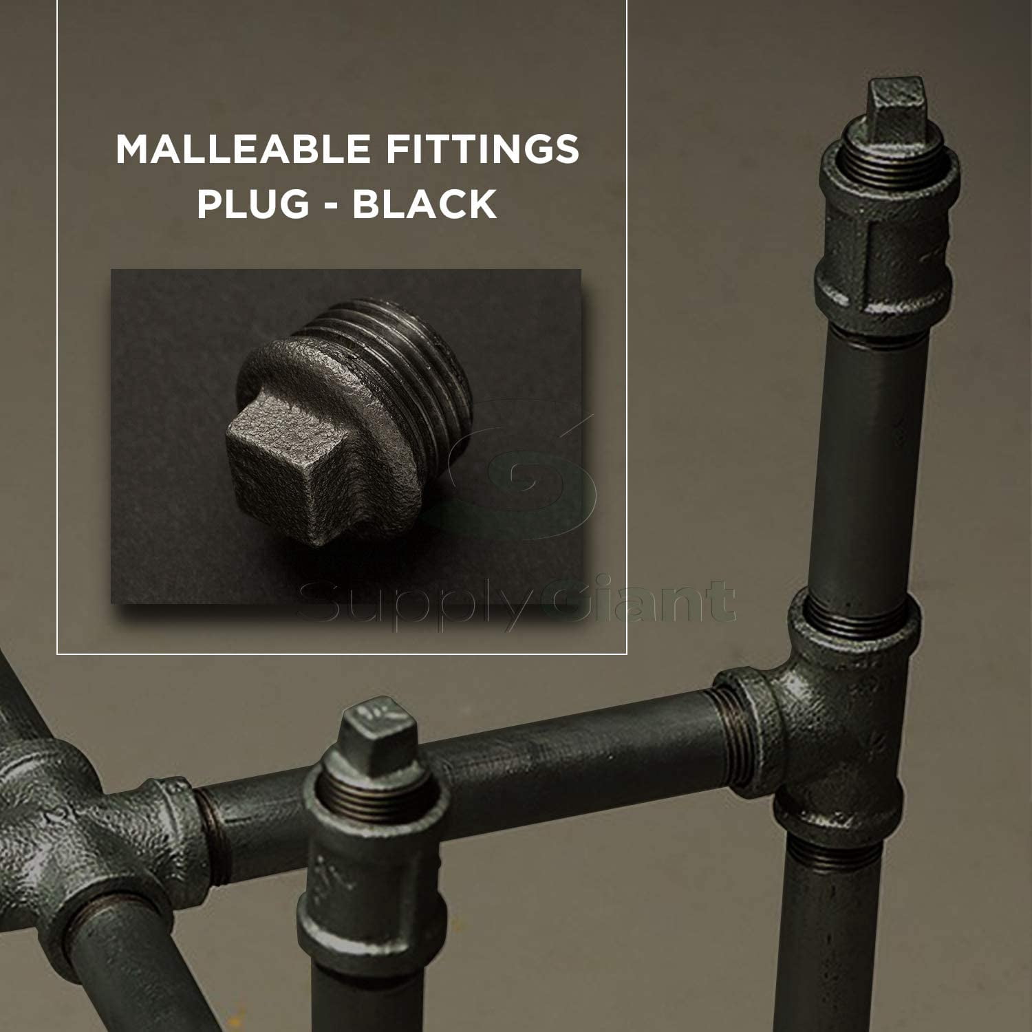 Supply Giant BMPL0120 Black Malleable Iron Plug with Square Head, 1/2"