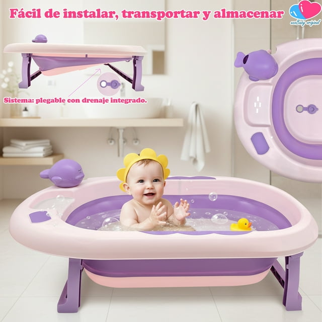 bañera tina para bebé con termometro antiderrapante ecobaby original plegable púrpura, vista 3/4 frontal con bebé sentado; bañera compacta de polímero flexible con patas plegables y gomas antiderrapantes, borde con bandeja y regadera en forma de ballena incluida, drenaje rápido integrado, capacidad 33.5 L y medidas 81×48×21 cm; fácil de transportar y guardar, también adecuada para niños pequeños o mascotas.