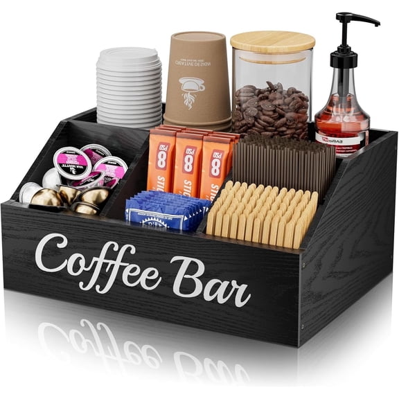 Coffee Station Organizer for Countertop – Wooden Coffee Bar Organizer with Adjustable Dividers,Holds K Cup Pod & syrup bottles, for Kitchen, Office, or Bar and Tea Station, Black