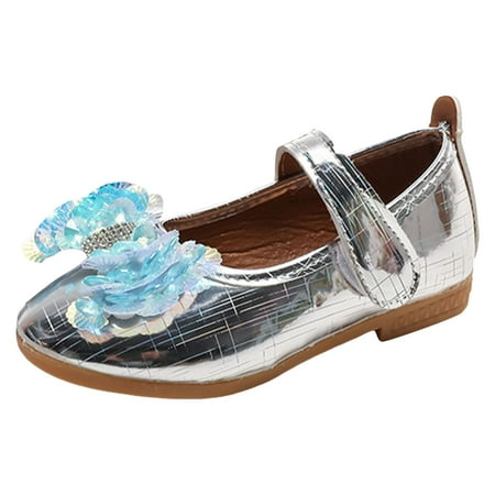 NOLDARES Girls Dress Shoes Platform Heel Ankle Strap Princess Flats Flower Party Wedding Pump for Little Big Kid(Silver 4.5-5 Years)