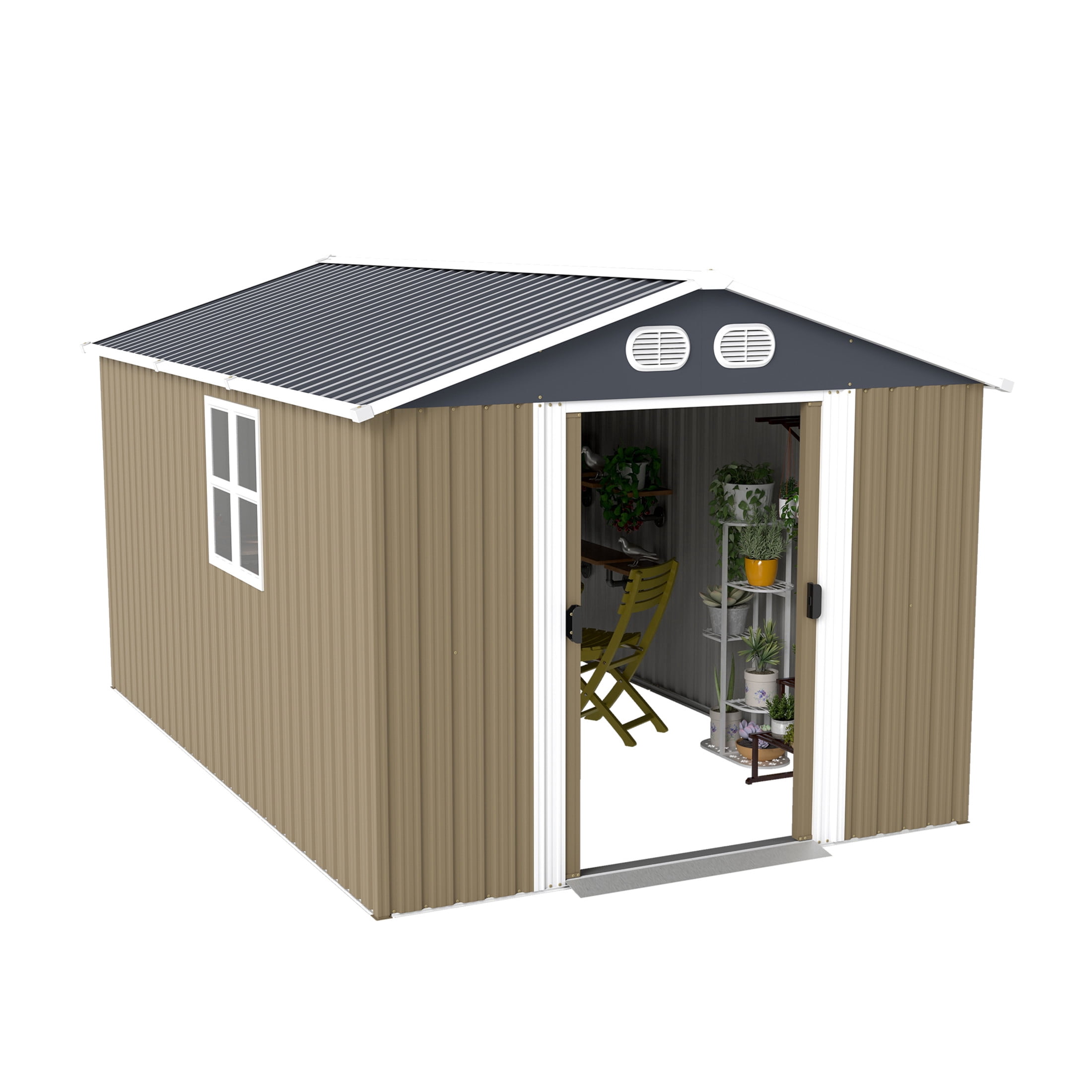 Noble House 8 x 12 FT Outdoor Metal Tool Storage Shed with Lockable Doors and Air Vents, Waterproof Garden Shed, Brown