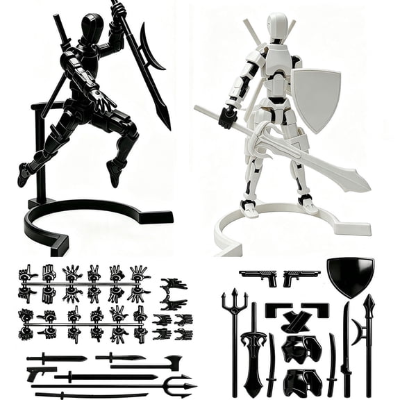 2 Pack Fully Assembled T13 Lucky 13 Titan Action Figure Set, 3D Printed Multi-Joint Movable Robot Model with Complete Accessories, Black & White