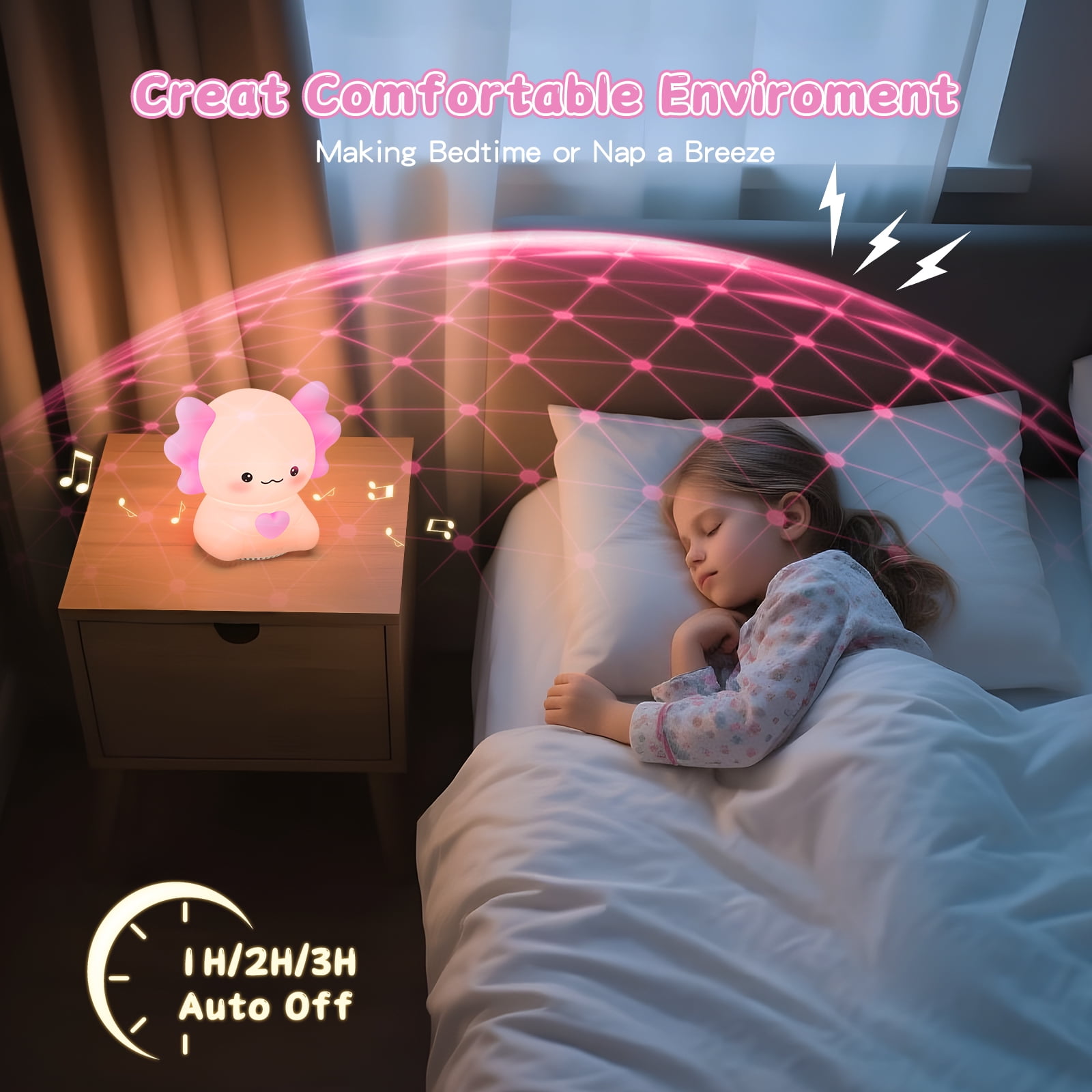 Axolotl Night Light with Sound Machine, Pink Silicone Touch Lamp, Wireless Speaker, Remote Control, Soft Touch, Baby Room Lamp