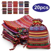 TSV 20pcs Cotton Linen Drawstring Gift Bags, Mexican Fiesta Mini Drawstring Bag, Ethnic Style Jewelry Coin Pouches, Reusable Goodie Candy Bags for Wedding Party Favors