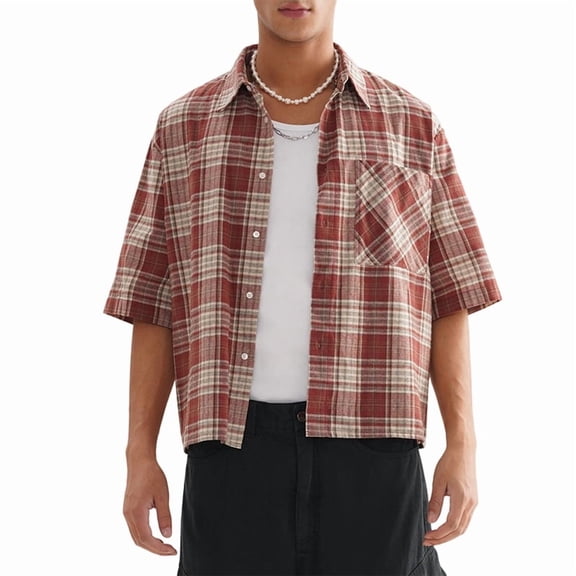 Men's Short Sleeve Regular Fit Buttoned Plaid Sleeved Shirt Red S