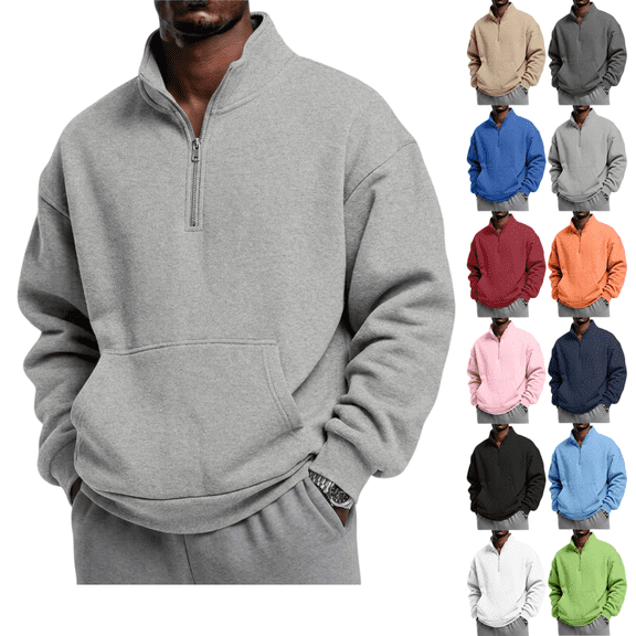 LRGSHF Men's Quarter Zip Stand Collar Sweatshirt, Loose Fit Long Sleeve Pullover with Pocket, Solid Color Casual Sweat Top