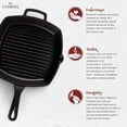 thumbnail image 2 of Cast Iron Grill Pan - Square 10.5"-Inch Pre-Seasoned Ribbed Skillet + Handle Cover + Pan Scraper - Grille, Firepit, Stovetop, Induction Safe - Indoor/Outdoor - Great for Grilling, Frying and Camping, 2 of 7