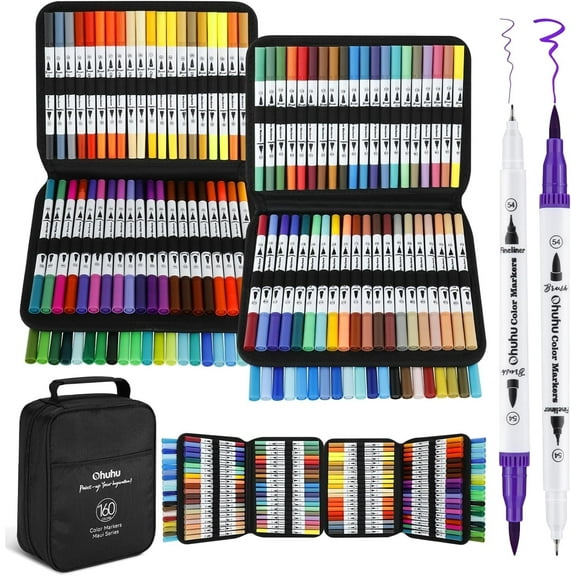 Ohuhu 160 Colors No Bleed Water-Based Markers, Fineliner & Brush Tips for Adult Coloring, Maui