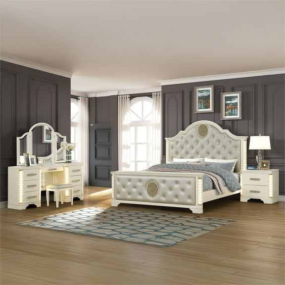 Jasmine Queen 4 Pc Unique LED Vanity Bedroom Set made with Wood in Beige