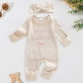 thumbnail image 2 of CAICJ98 Baby Girls Clothes Letter Embroidery Long Sleeve Romper Bow Waffle Knit Ruffled Newborn Infant Winter Fall Spring Outfit with Headband (Beige,0-3 Months), 2 of 7