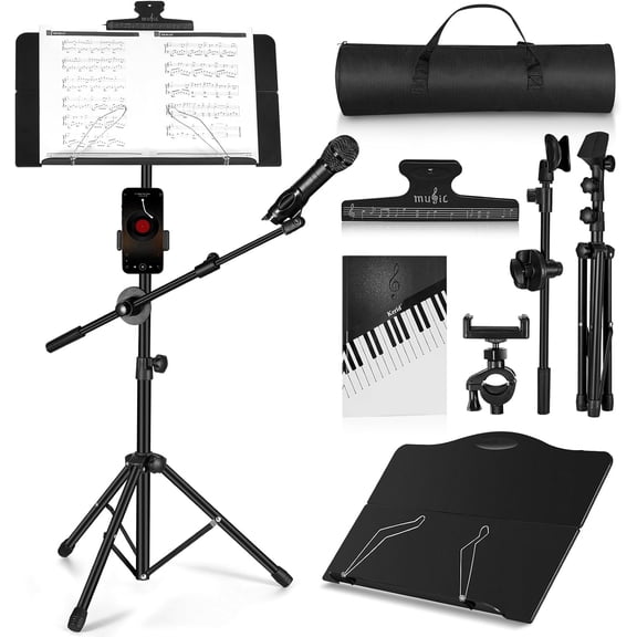 Music Stand, Folding Sheet Music Stand with Detachable Microphone Stand & Phone Holder, Portable Lightweight with Music Sheet Clip Holder & Carrying Bag for Instrumental Performance