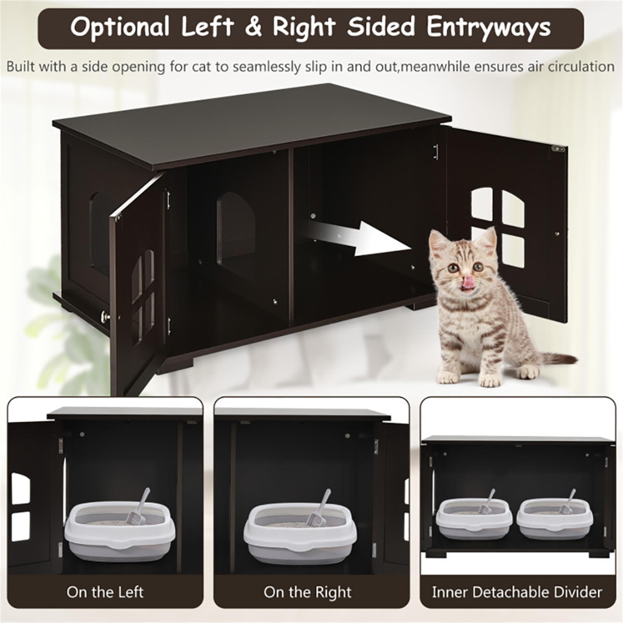 Kadyn 32" Large Wooden Cat Litter Box Enclosure Hidden Cat Washroom with Divider, Cat House Furniture, Brown