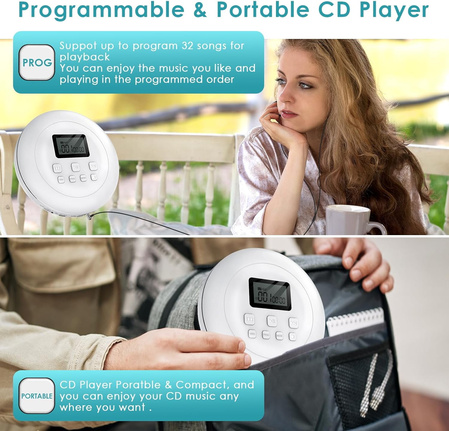 Gueray CD Player Portable Walkman, CD Player for Car Anti-Skip Shockproof, CD Players for Home with Headphones Jack USB AUX & LCD Display CD Disc, White